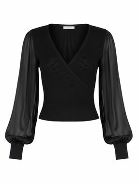 Anthropologie Twofer Faux Wrap Sweater Black Puff Sleeve Ribbed‎ MP